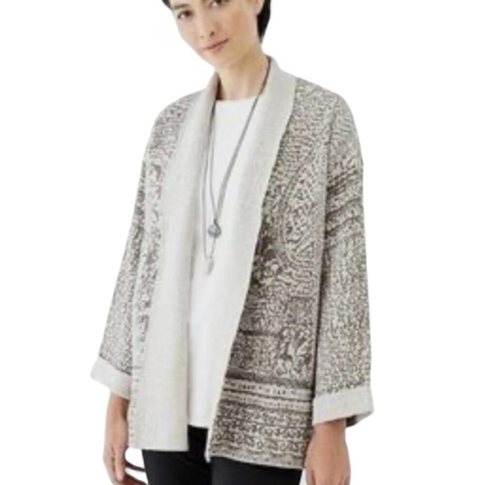 J. JILL pureJill Knit Jacquard Cotton Blend Open Cardigan Taupe Ivory - Size XL - Picture 2 of 7